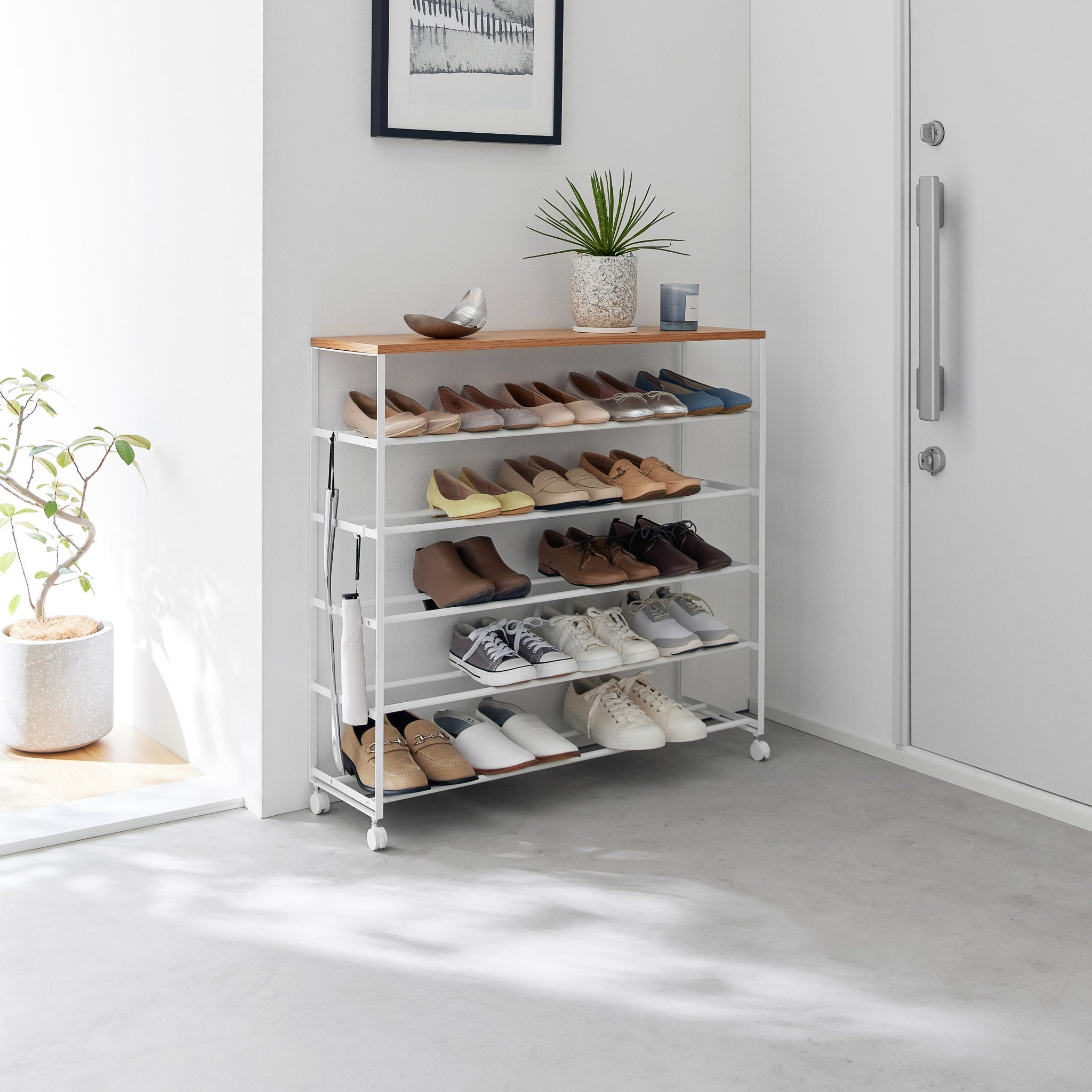 5-Tiered Wood-Top Shoe Rack with Casters