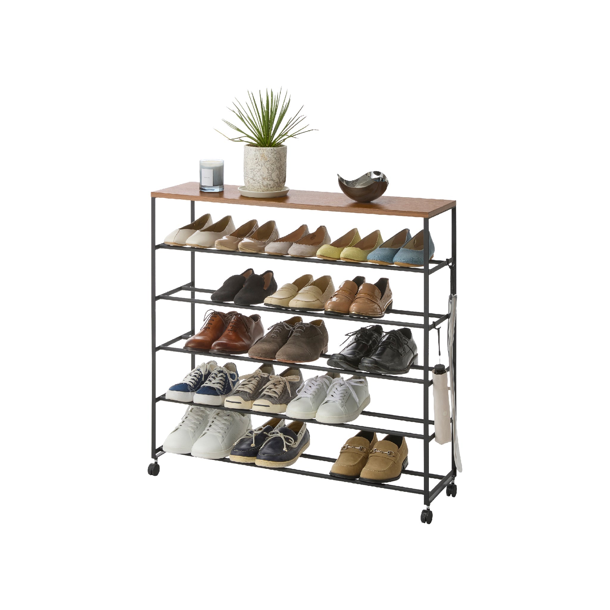 5-Tiered Wood-Top Shoe Rack with Casters