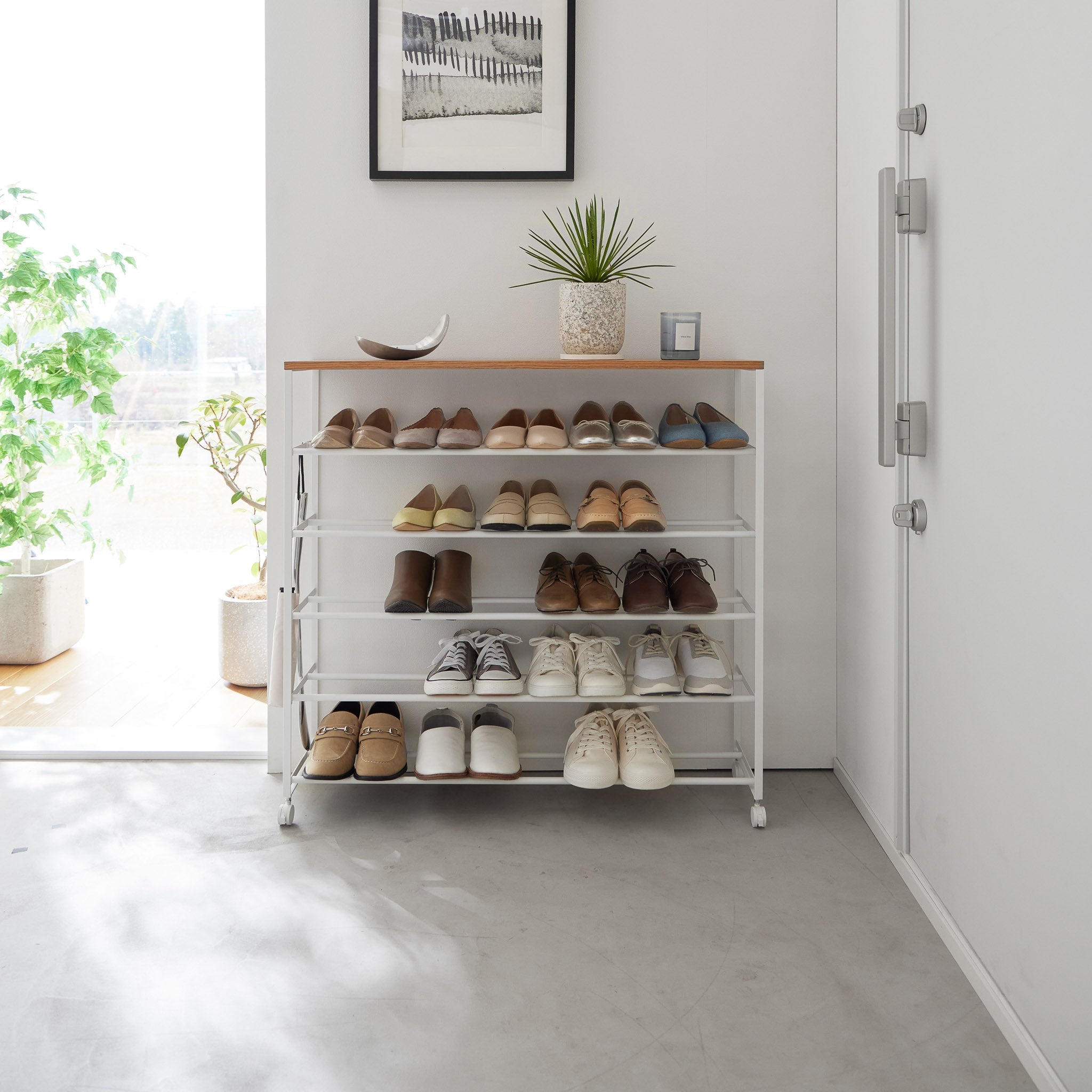 5-Tiered Wood-Top Shoe Rack with Casters
