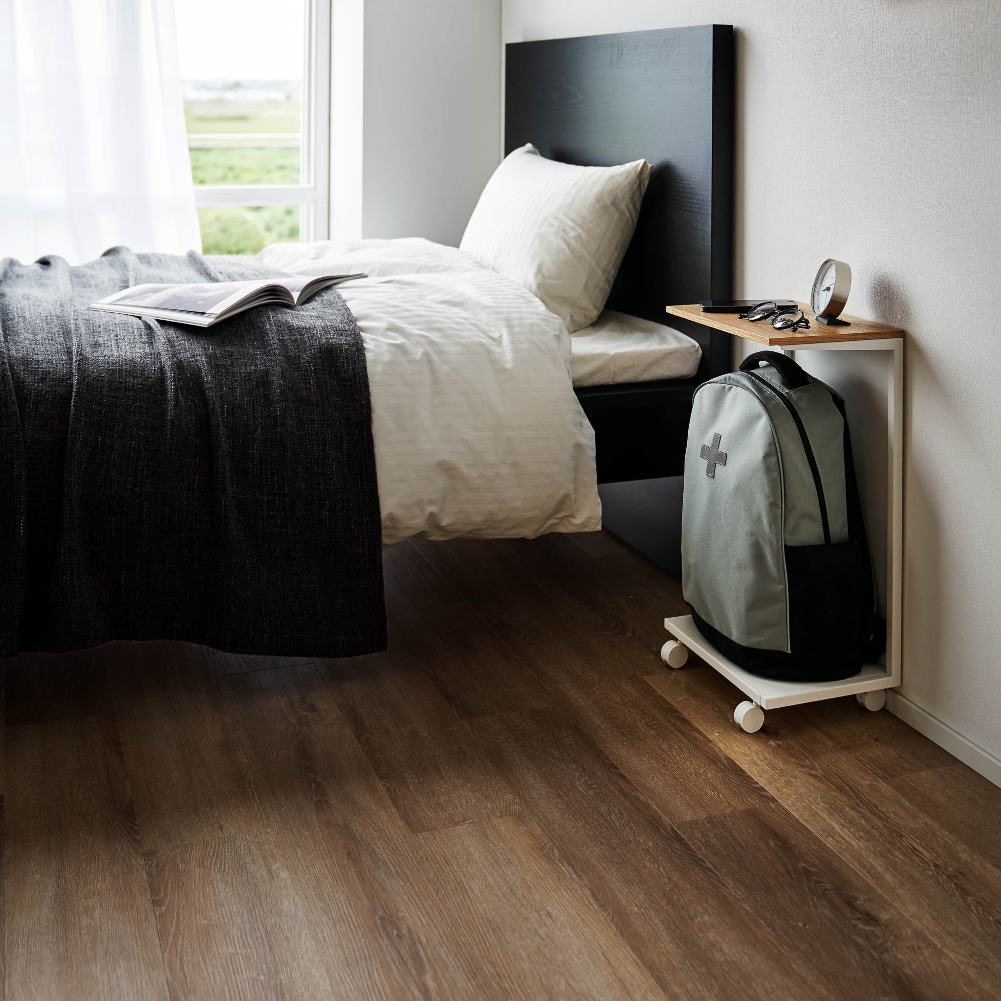 Semi-Closed Wood-Top Side Table with Casters