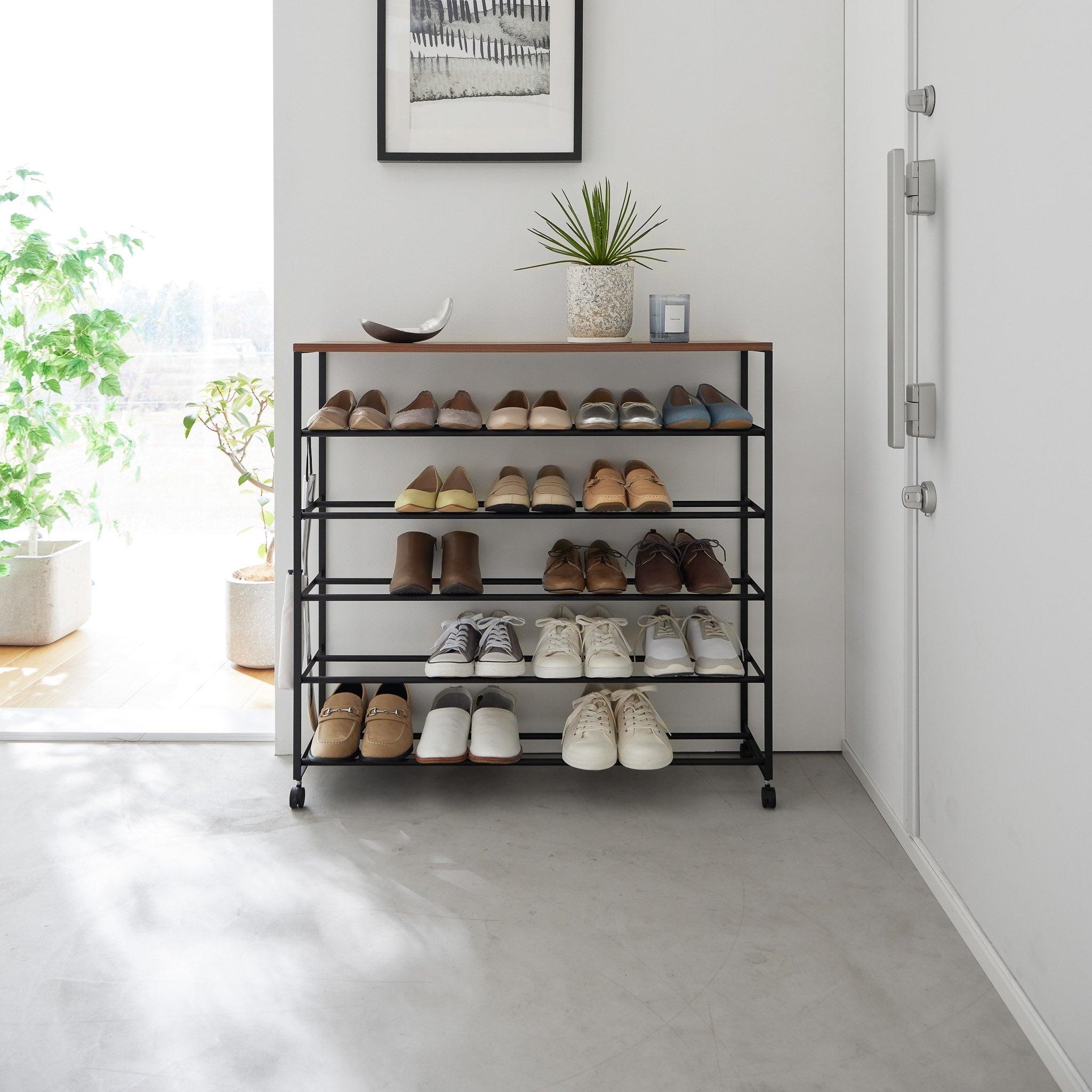 5-Tiered Wood-Top Shoe Rack with Casters