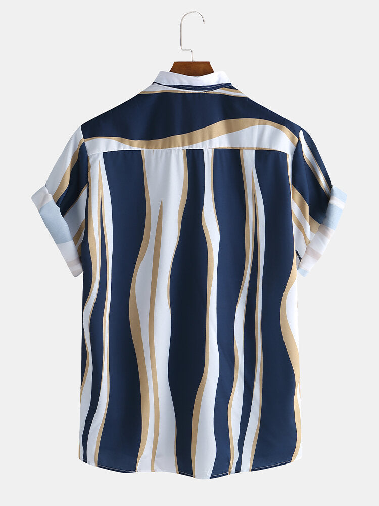 Wave Stripes Lapel Shirts & Short Length Swim Shorts