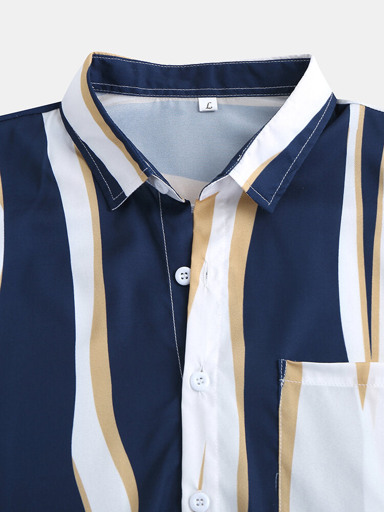 Wave Stripes Lapel Shirts & Short Length Swim Shorts